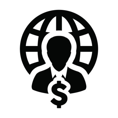 Dünya dolar işareti para para sembolü vektörü olan kişi simgesi. Bir iş ağı için erkek profil avatarı bir kabartma resimleme
