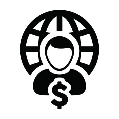 Dolar işareti parası olan küresel simge vektörü. Bir iş ağı için erkek profil avatar sembolü düz renk glifli resim çizimi