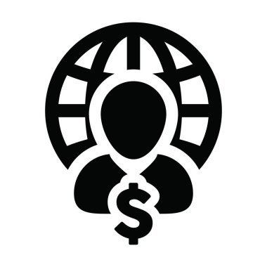 Gelir simgesi vektör küre dolar işaret para ile erkek kişi profil avatar sembolü düz renk glifli resim çizimi bir iş ağı
