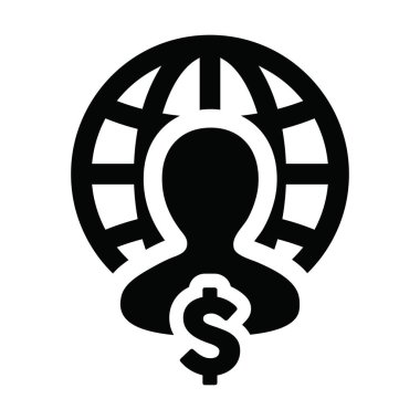 Gelir ikonu vektör küre dolar işaret para ile erkek kişi profil avatar sembolü düz renk glyph resimli bir iş ağı için