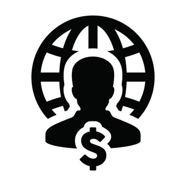 Bir iş ağı için erkek profil avatarına sahip dolar sembolü ikon vektör küresi düz renk glifli resimleme