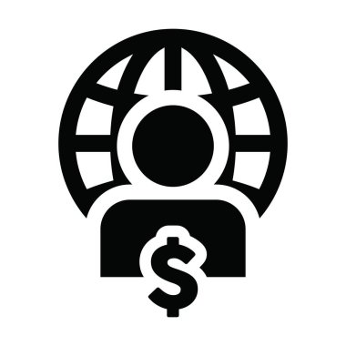 ecommerce ikon vektör küre dolar işaret para erkek kişi profil avatar sembolü düz renk glyph pictogram iş ağı için