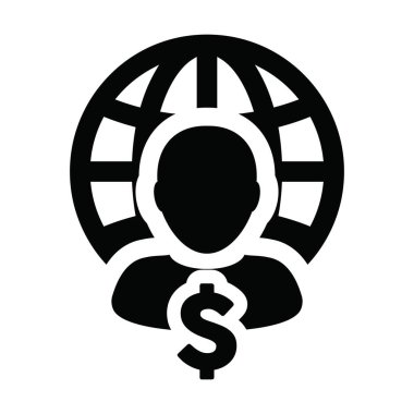 Ekonomi ikonu vektör küre dolar işaret para ile erkek kişi profil avatar sembolü düz renk glifli resim çizimi bir iş ağı için