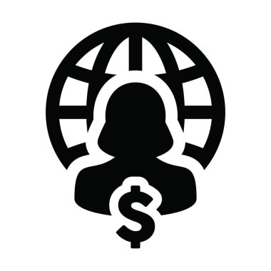 Dünya çapında dolar işareti olan kişi simgesi para para sembolü vektörü ile bir iş ağı için kadın profil avatarı bir kabartma resimleme