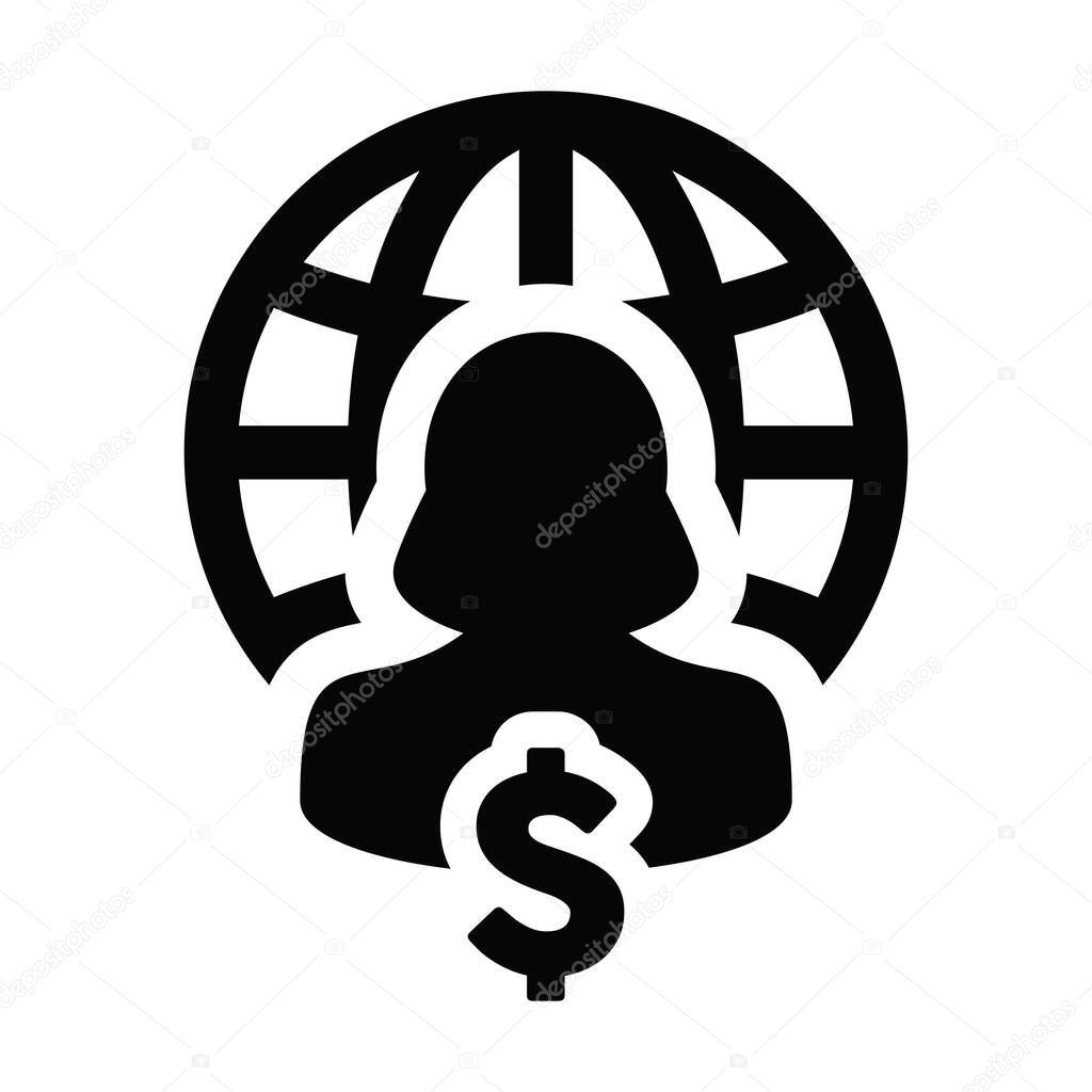 Person icon with globe dollar sign currency money symbol vector with female profile avatar for a business network in a glyph pictogram illustration