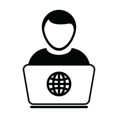 Laptop bilgisayarlı erkek kullanıcı profili olan ikon vektör kişisi evden düz renkli bir resim çizimi ile çevrimiçi çalışmak için kullanıcı profili Avatar Globe sembolü oluşturuluyor