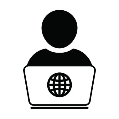 Bilgisayarlı erkek kullanıcı avatarı ve iş ve finans için düz renkli bir resim çiziminde dünya sembolü ile evden çalışan dizüstü bilgisayar simgesi taşıyıcısı