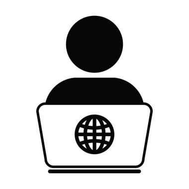 Dizüstü bilgisayarlı erkek kullanıcı avatarı ile evden çalışan bilgisayar simgesi vektörü ve iş ve finans için düz renkli bir resim çizimi ile küresel sembol