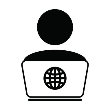 Dizüstü bilgisayarlı erkek kullanıcı profili ve evden canlı olarak çalışmak için kullanıcı simgesi içeren simge vektörü düz renkli bir resim çizimi