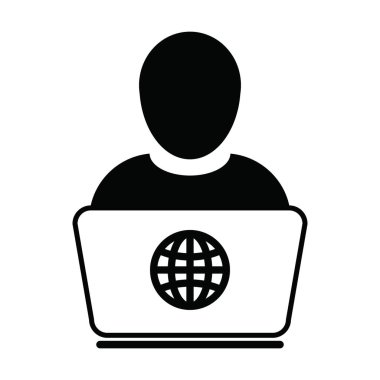 eCommerce simge taşıyıcısı dizüstü bilgisayar kullanıcısı erkek kullanıcı profili Avatar Globe sembolü ile düz renkli bir resim çiziminde çalışmak için