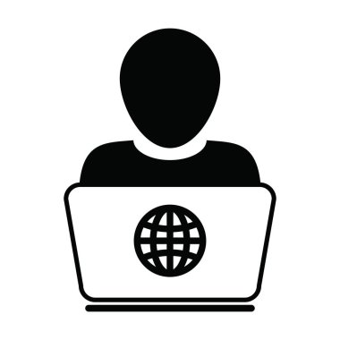 Dizüstü bilgisayarlı erkek kullanıcı profili olan Avatar Globe sembolü ile simge taşıyıcısını düz renkli bir resim çizimi ile çevrimiçi çalışmak için takas etmek