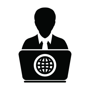 Ev işleri ikonu vektörü dizüstü bilgisayarlı erkek kullanıcı profili olan kişi Avatar Globe sembolü ile evden düz renkli bir resim çizimi ile çalışır.