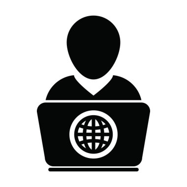 Bilgisayarlı, bilgisayarlı, erkek, kullanıcı profili olan bir ikon vektör kişisi, evden düz renkli bir resim çizimi ile çevrimiçi çalışmak için Avatar Globe sembolü.