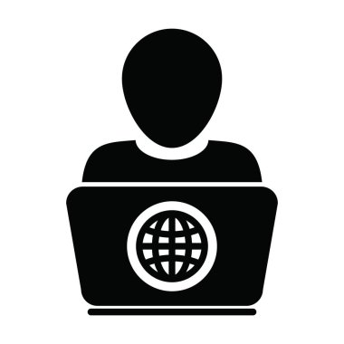 Çevrimiçi eğitim için dizüstü bilgisayarı olan ikon vektör kişi öğrenilirken, erkek kullanıcı profili Avatar Globe sembolü düz renkli bir resim çizimi ile çizilir