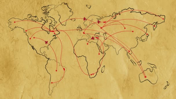 map world old paper flat animated retro planes flight trajectories animated travel map