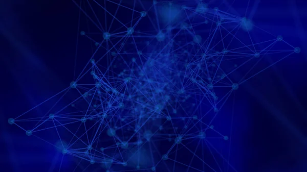 Futuristic network background - abstract dots and lines on blue. Irregular structure of connected points. Science theme - mathematical or chemical objects. 3D rendering.