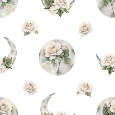 Hilal Ay 'lı Beyaz Güller. Suluboya el, gizemli tasarım için arka plan çiçeklerine Victoria dönemi çiçeksiz çiçek deseni boyamış. Tekstil kumaş, masa örtüsü, kağıt ambalaj.