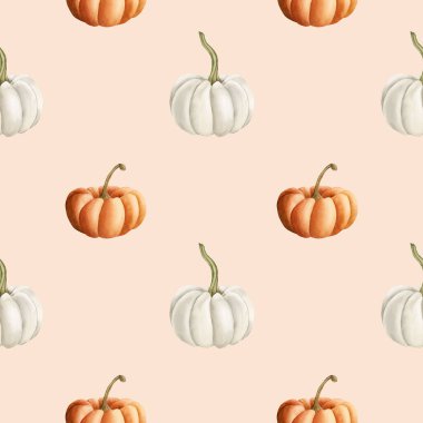 Balkabağı Portakalı ve Beyaz Sonbahar Sebzeleri. Suluboya el boyası bej arka planda kusursuz gıda deseni tasarım kaplama sevimli ev yapımı mutfak masası tekstil kumaş ambalaj kağıdı.