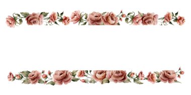 Gül çiçeği çerçevesi. Tozlu pembe bahçe çiçekleri çiçek aranjmanı. Suluboya el boyası düğün tasarımı, ev tekstili, porselen çanak çömlek, kozmetik paketler, etiketler için çiçek resmi.