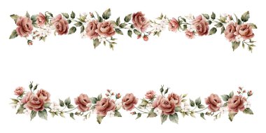 Gül çiçeği çerçevesi. Tozlu pembe bahçe çiçekleri dikdörtgen düzenleme. Suluboya el resmi düğün tasarımı, ev tekstili, porselen çanak çömlek, kozmetik paket etiketleri için izole edilmiş.