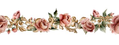 Altın süslemeli güller Viktorya dönemi barok tarzında kusursuz bir sınır. Tozlu pembe bahçe çiçekleri. Suluboya elle boyanmış çiçek desenli düğün kartı tekstil kumaşı.