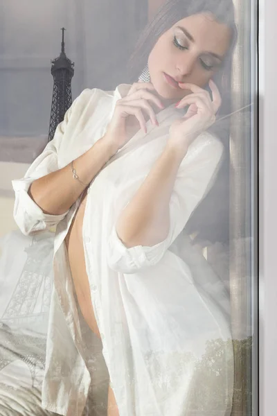 Beautiful Woman Window Paris — Stock Photo, Image