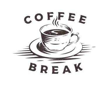 Kahve fincanı logosu beyaz arka plan üzerinde izole grunge etkisi ile. Kahve molası.
