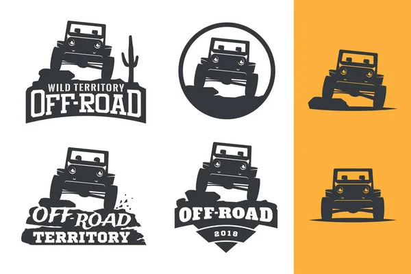 Conjunto Road Carro Suv Logotipo Monocromático Emblemas Emblemas Isolados Fundo —  Vetores de Stock
