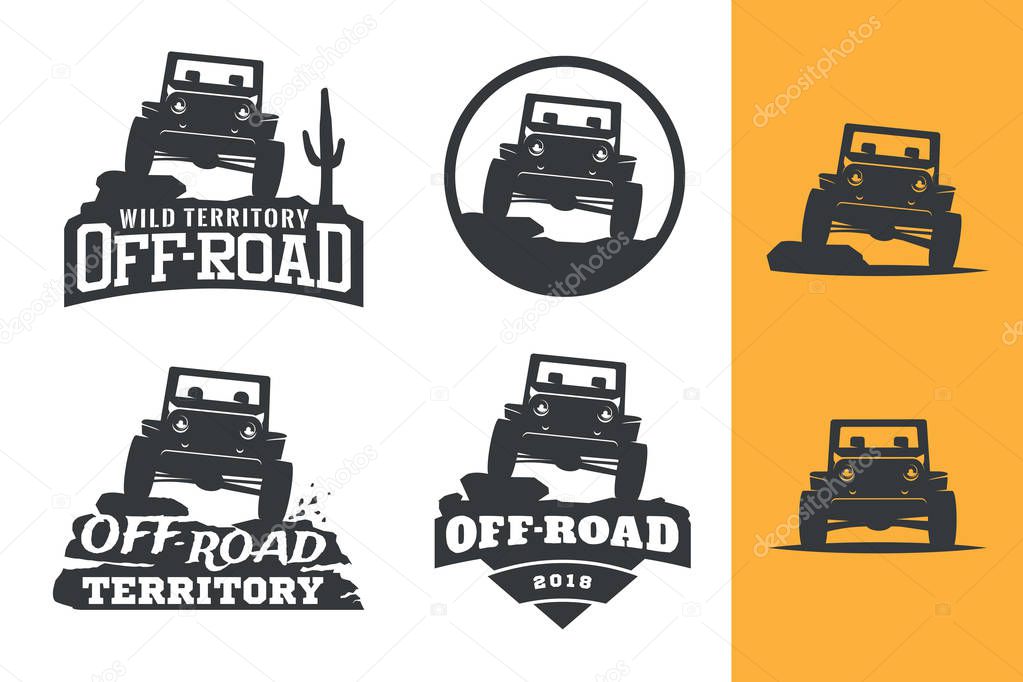 Set of off-road suv car monochrome logo, emblems and badges isolated on white background. Rock crawler car in mountains. Off-roading 4x4 trip emblems.