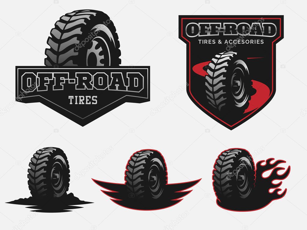 Set of off-road tire service logo emblems and badges.
