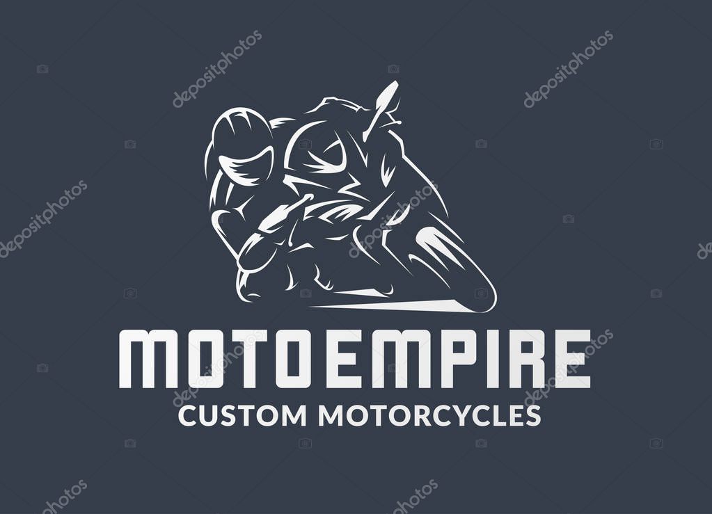 Racing motorcycle logo on black background. Superbike vector monochrome emblem.