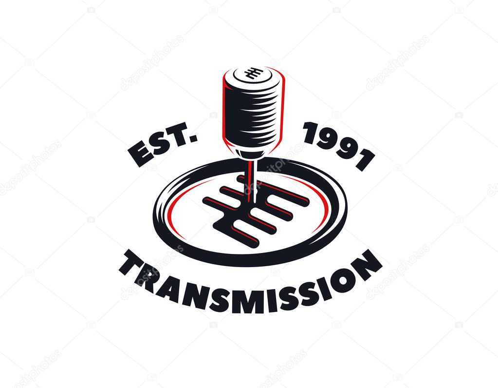 Car transmission service logo on white background. Automatic and manual transmission fluid change emblem.