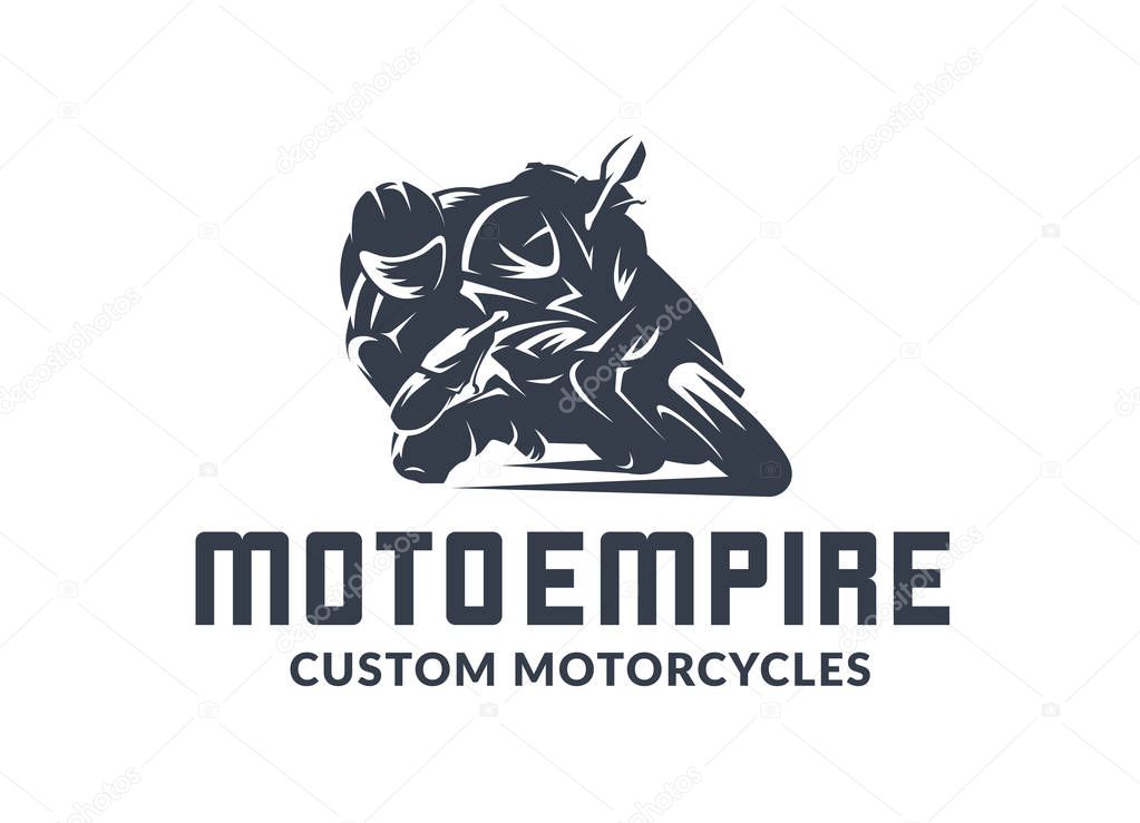 Racing motorcycle logo on white background. Superbike vector monochrome emblem.
