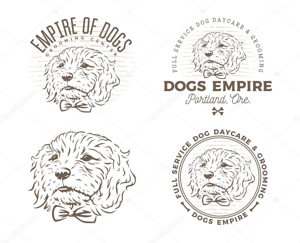 Set of dog grooming logo and emlems isolated on white background. Vector illustration.