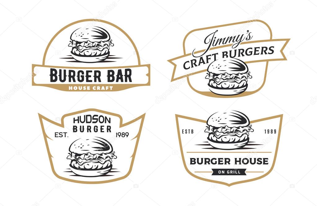 Set of burger emblems, badges and logo.
