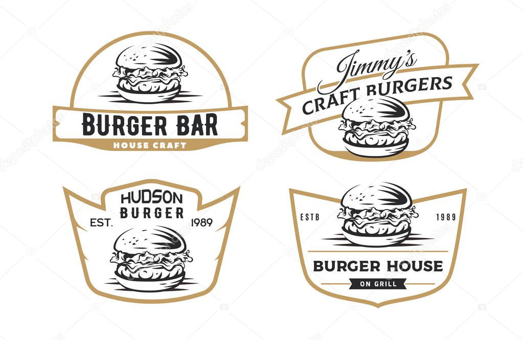 Set of burger emblems, badges and logo isolated on white background.