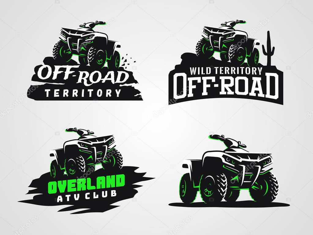 Set of ATV vehicle logo and emblems. All-terrain 4x4 quad illustration.
