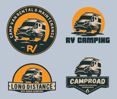 Kamp minibüsü logosu, amblem ve rozetler. Eğlence aracı