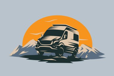 Taşlı ve dağlı bir karavan illüstrasyonu. Karavan sta