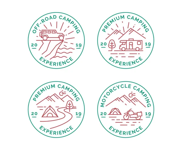 Conjunto Acampamento Logotipo Linha Vetorial Emblemas Emblemas Uma Van Campista — Vetor de Stock