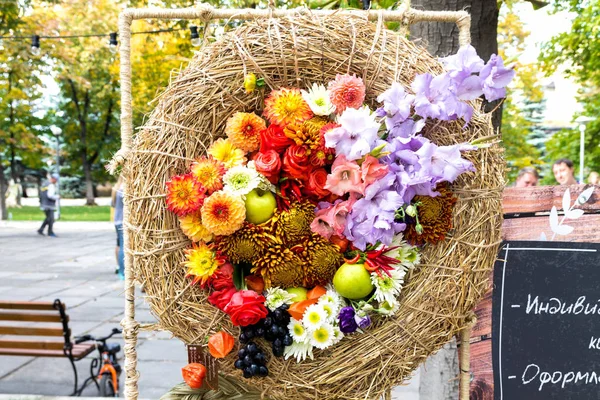 Autumn wreath of flowers. Autumn flowers. Autumn bouquet composition.