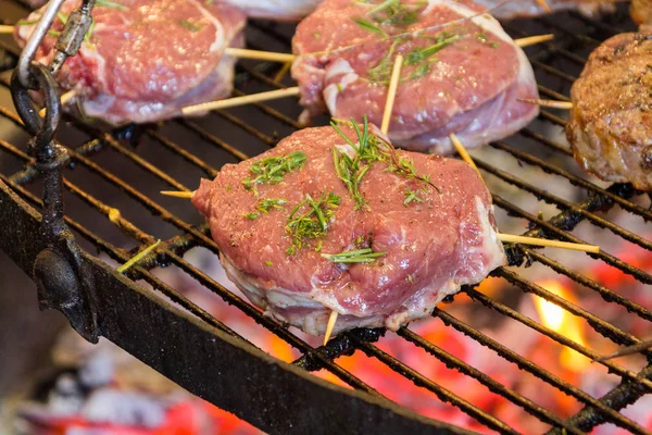 Koken Rundvlees Steaks Grill Grill Groenten Vlees — Stockfoto