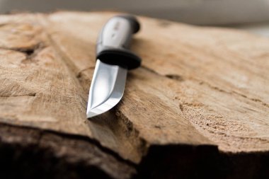 Et bıçağı yan görünüm. Ahşap arka plan üzerinde bıçak.