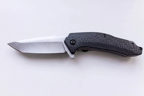 Kapesní Nůž Šedém Pozadí Pohled Shora — Stock fotografie