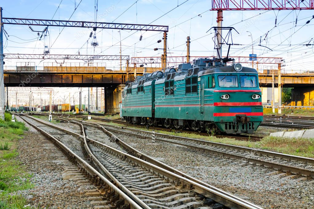 Electric locomotive. Railway. A train. Electric locomotive of Soviet times.