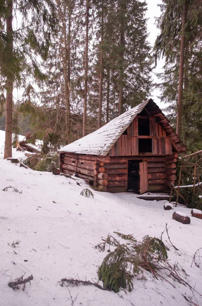 Chata Zimním Lese Hunter Dům Zima Lese — Stock fotografie