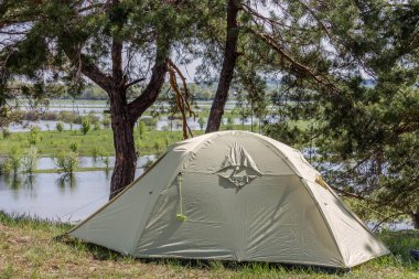 Turist çadır ağacın altında. Çok taraflı çerçeve. Manzara.
