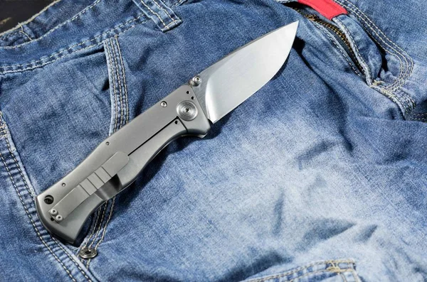Folding Knife Aluminum Handle Knife Unfolded Position Back Side Cold — Stock Photo, Image