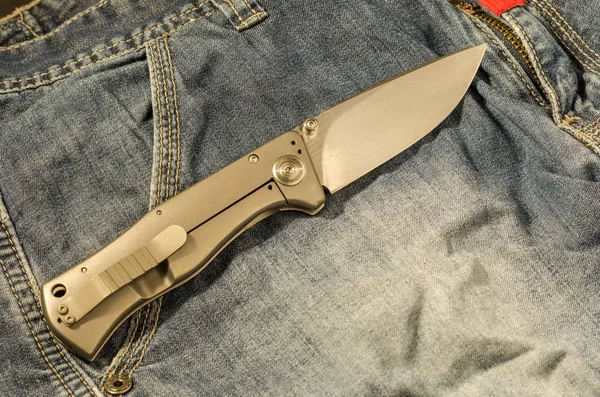 Folding Knife Aluminum Handle Knife Unfolded Position Back Side — Stock Photo, Image