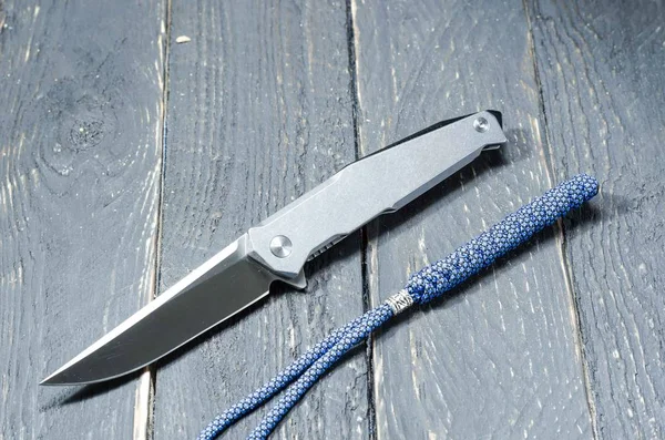 Knife Metal Handle Blue Lanyard Front Side Metal Knife — Stock Photo, Image